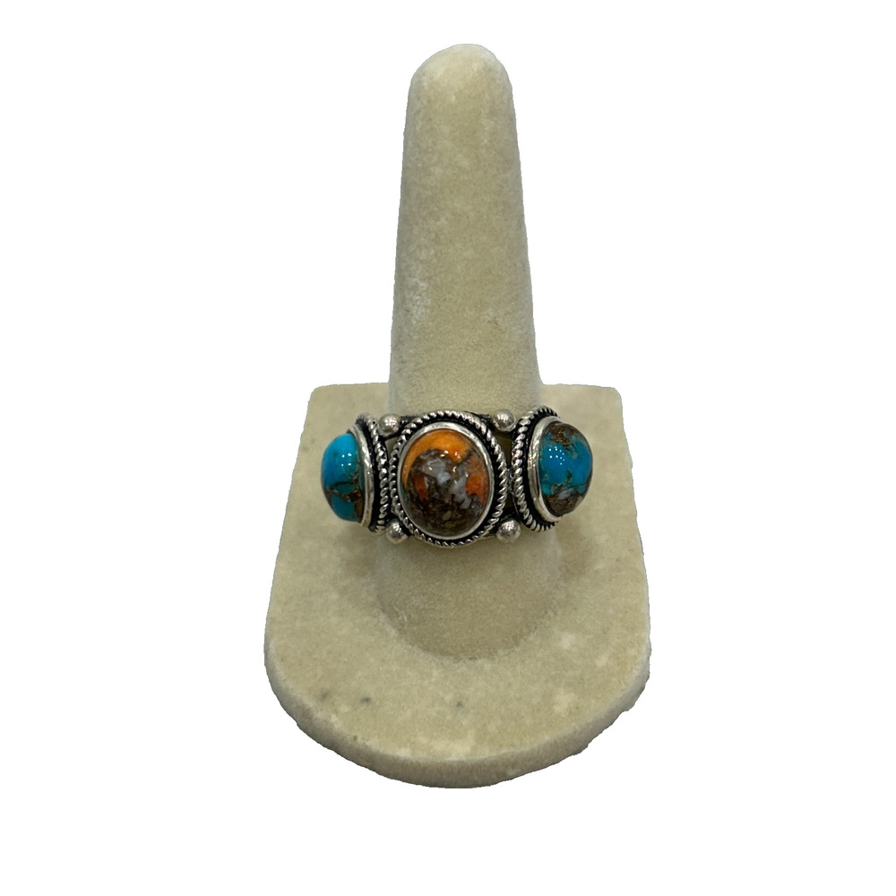 BBJ 925 Sterling Silver Spiny Oyster Turquoise‎ 3-Stone Southwestern Ring Sz 8
